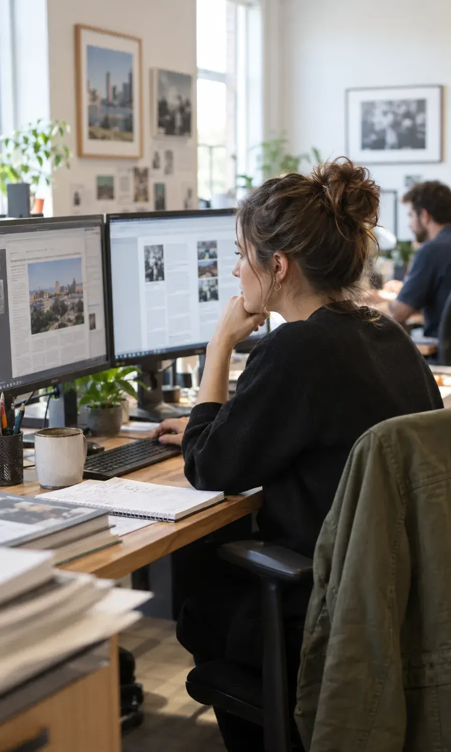 Editor working on article layouts in a small newsroom
