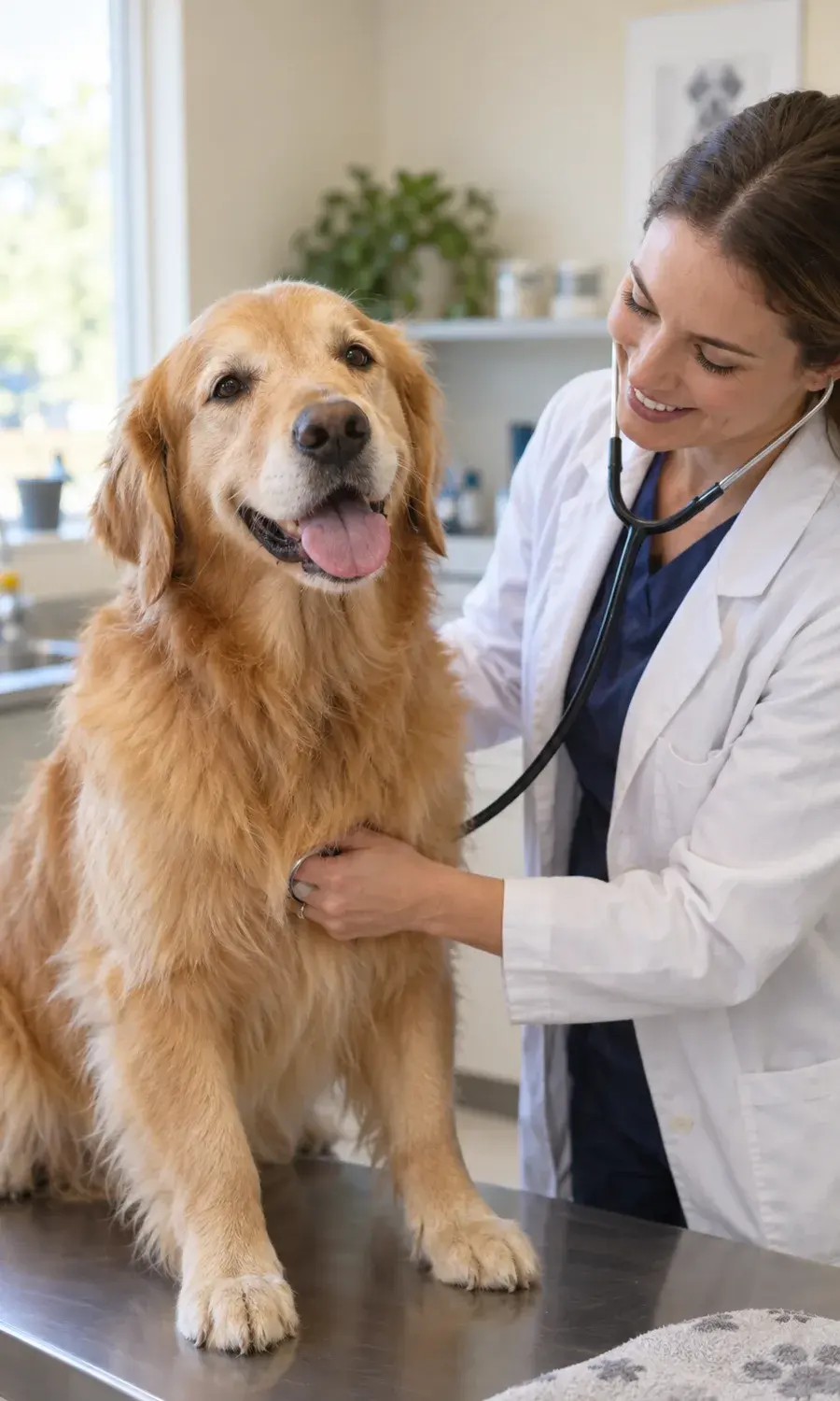 Veterinarian examining a golden retriever