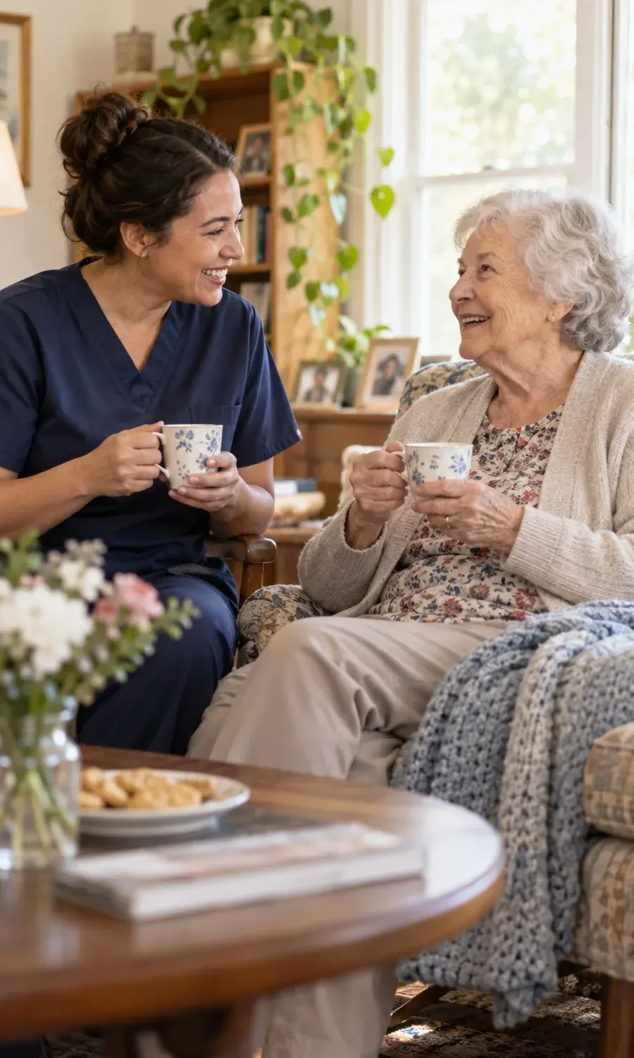 Care aide sharing tea with an elderly woman at home