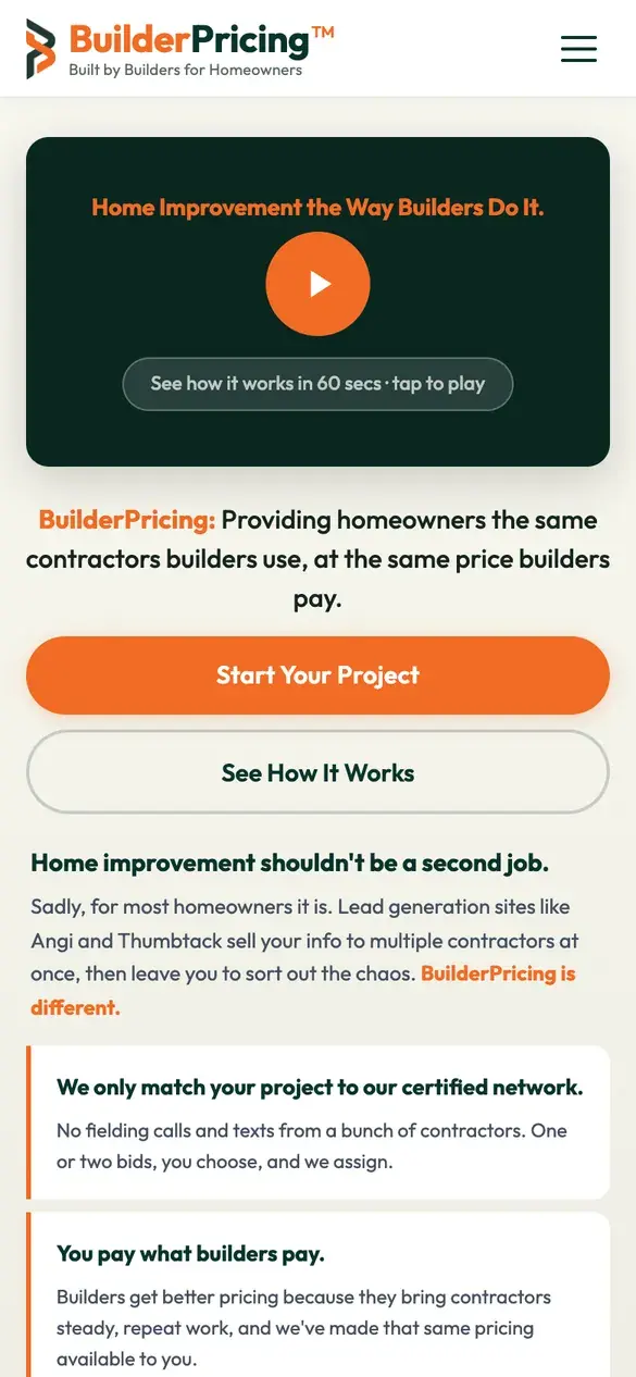 BuilderPricing homepage on a phone