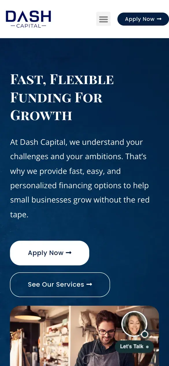 Dash Capital homepage on a phone