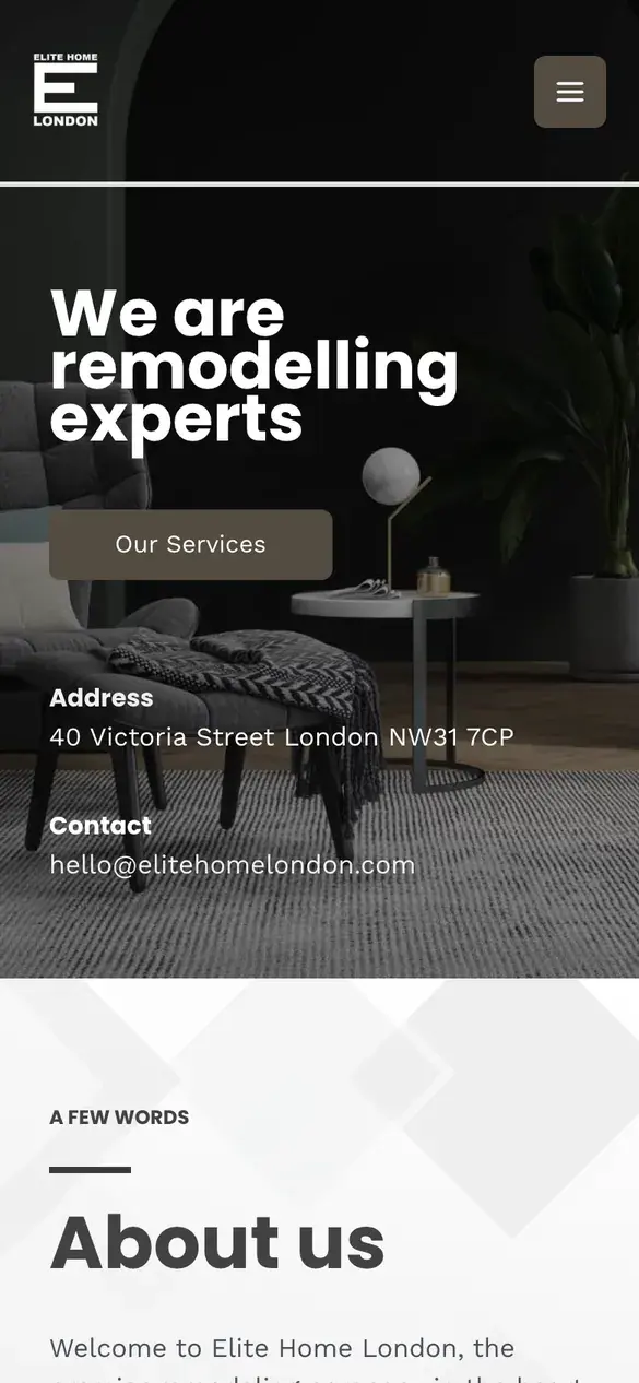 Elite Home London homepage on a phone