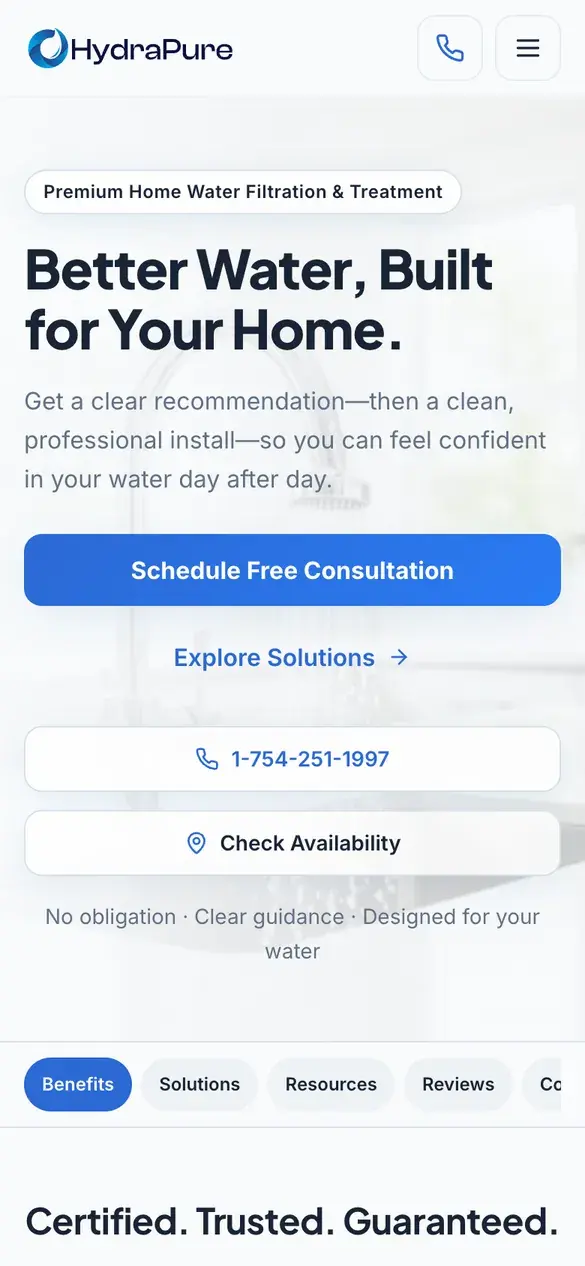 HydraPure homepage on a phone