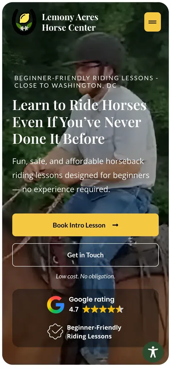 Lemony Acres Horse Center homepage on a phone