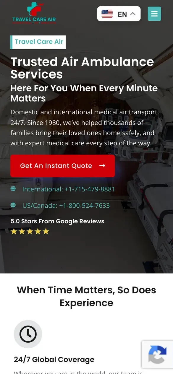 Travel Care Air homepage on a phone