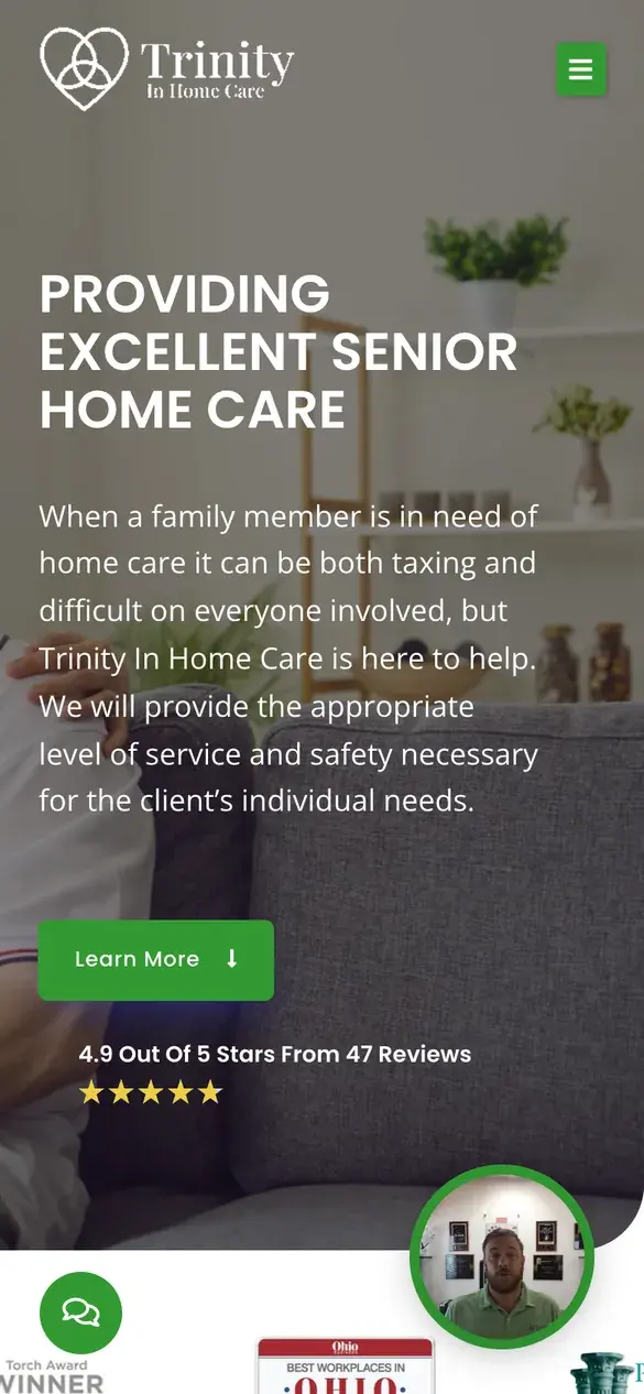 Trinity Home Care homepage on a phone