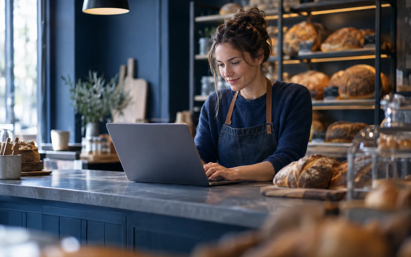 A small bakery owner using a laptop on the shop counter to update the shop website, warm bread shelves softly blurred behind