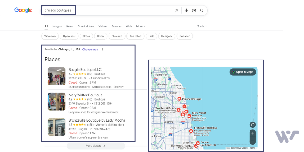 Google search results for 'chicago boutiques' showing local fashion stores with map locations and business details.