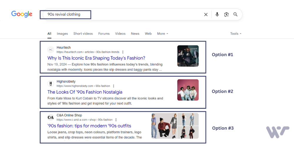 Google search results for '90s revival clothing' showing three fashion website options with product images and descriptions.