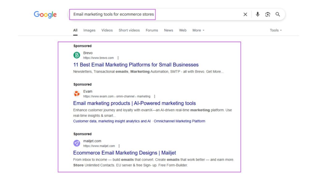 Google search results for "email marketing tools for ecommerce stores" demonstrating SaaS SEO keyword strategy