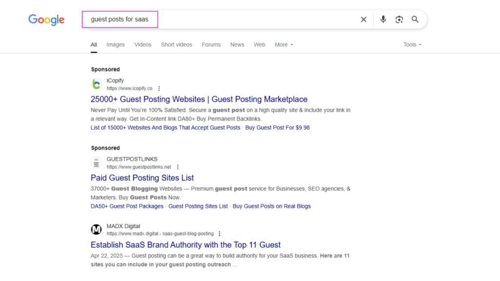 Google search results for guest posting strategies to build SaaS brand authority through SEO