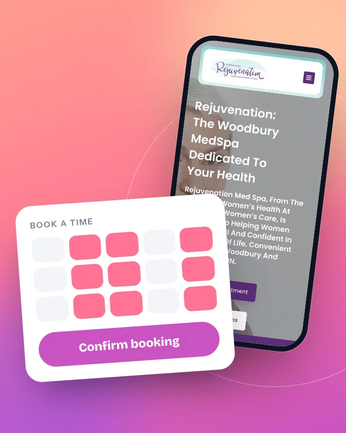 A clinic website on a phone next to a booking calendar