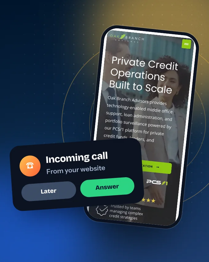 An advisory firm's website on a phone with an incoming call from the site