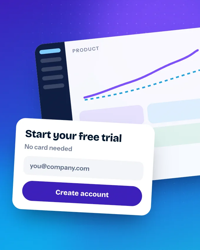 A free trial sign-up form over a software dashboard