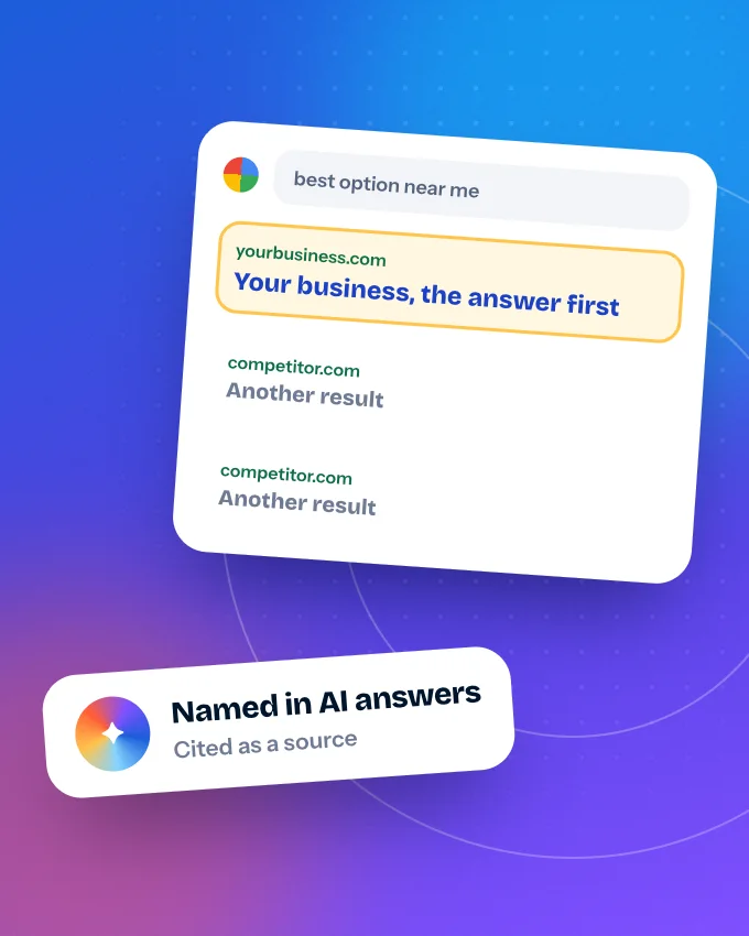 A business shown first in search results and named in an AI answer