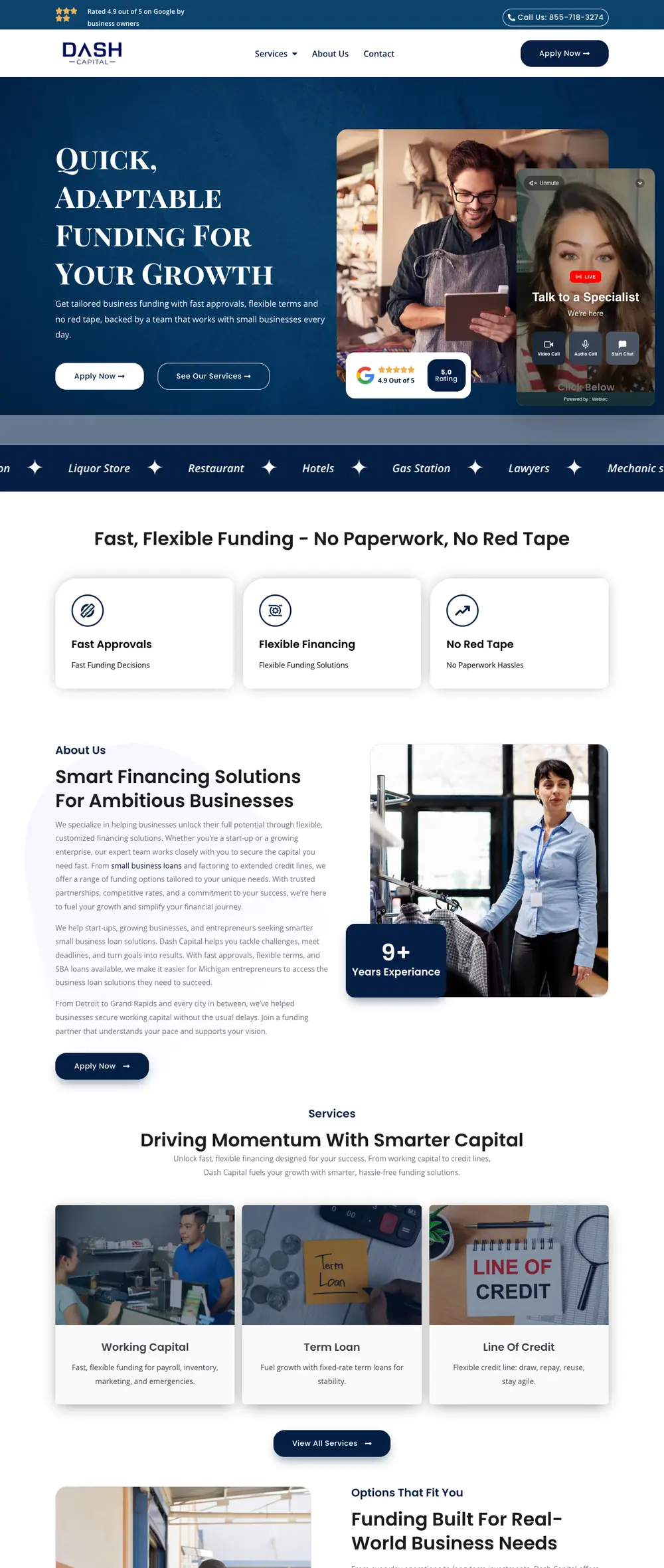 Dash Capital homepage, full page