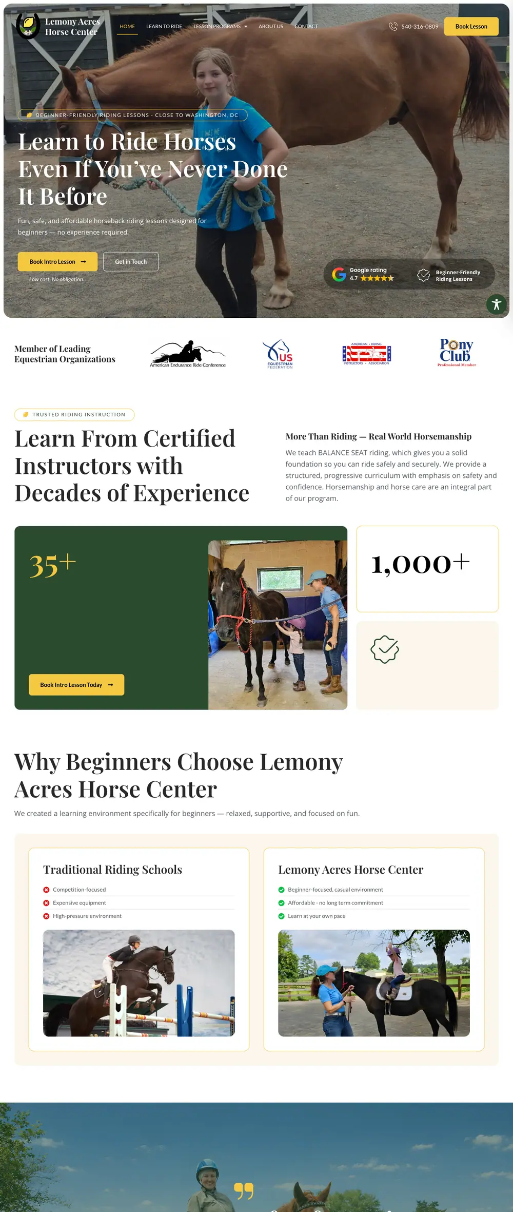 Lemony Acres Horse Center homepage, full page