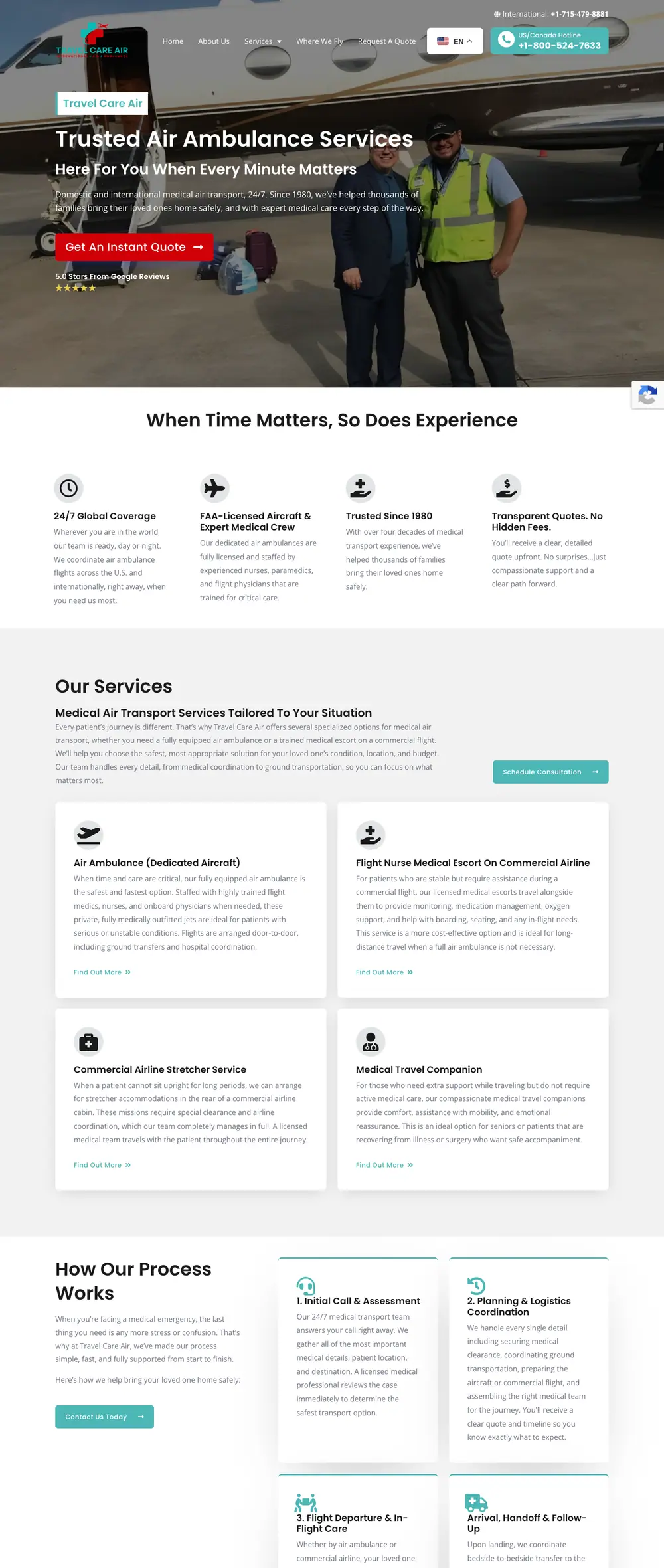 Travel Care Air homepage, full page