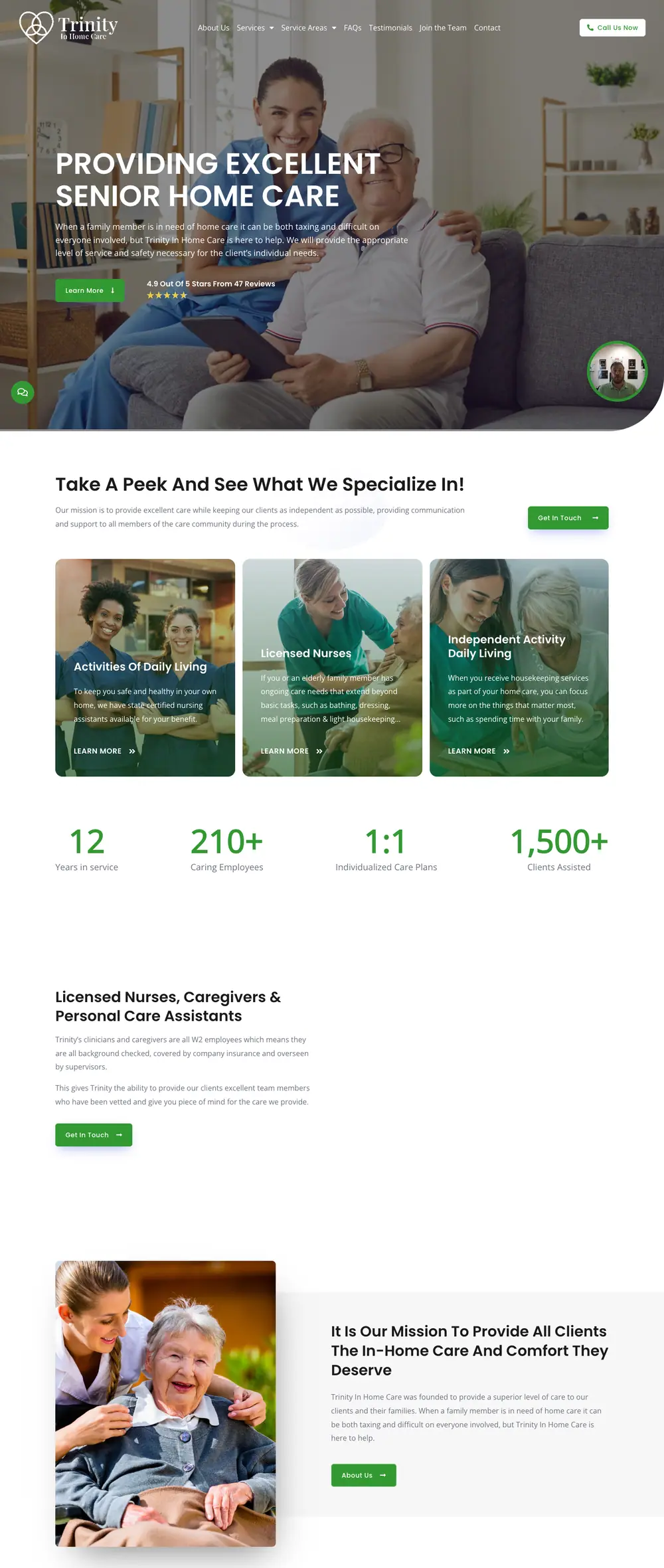Trinity Home Care homepage, full page