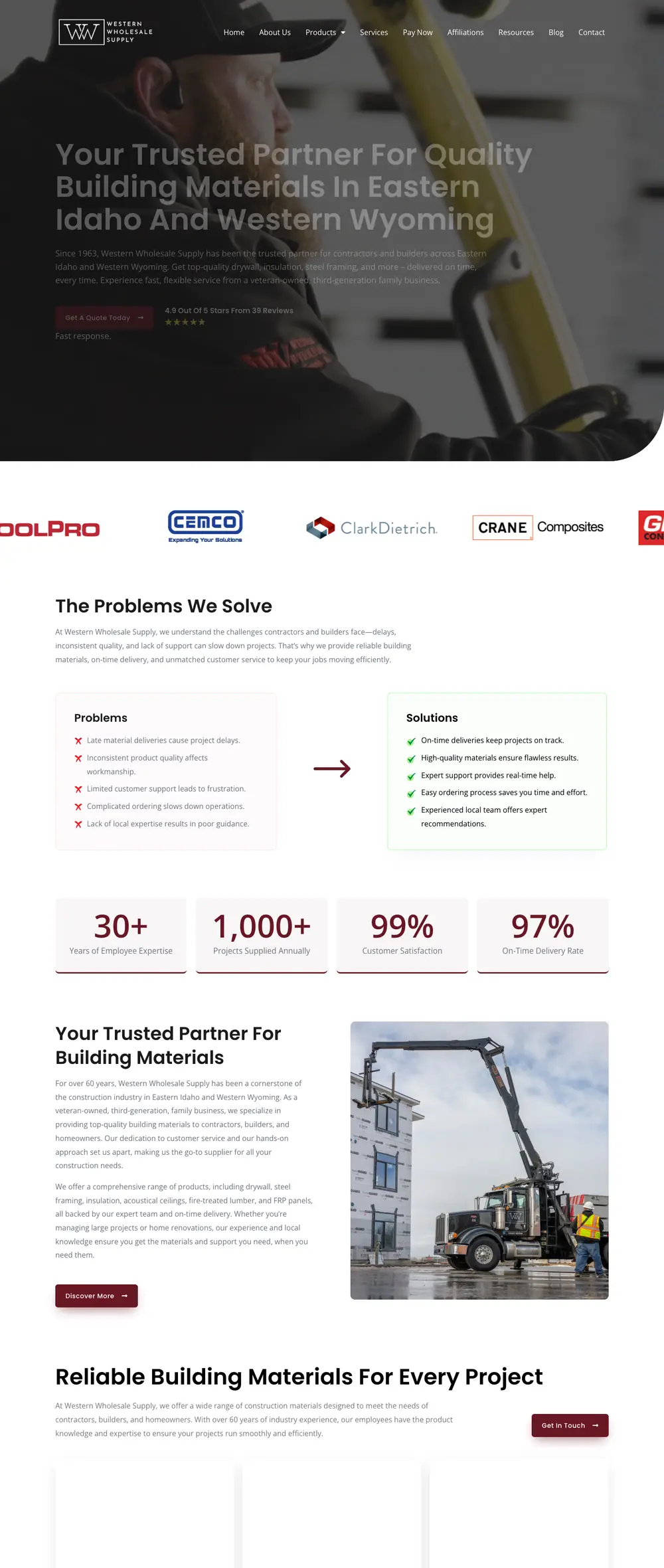 Western Wholesale Supply homepage, full page