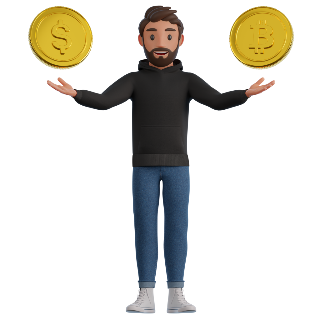 Why Us? 3 man showing dollar and bitcoin