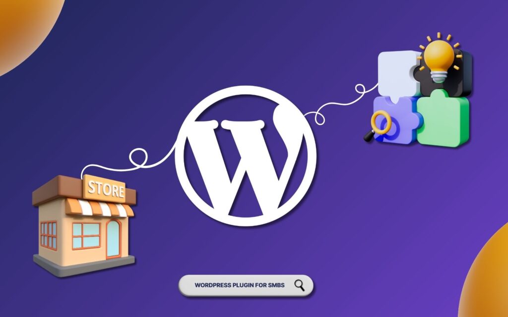 A cartoon store and WordPress logo with puzzle pieces and a lightbulb, showcasing best WordPress plugins for small business in 2025. Essential tools for growth connect via the store, enhancing site performance.