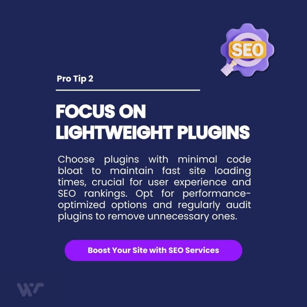 Best WordPress Plugins for Small Business: Essential Tools for Growth in 2025 2 A cartoon character with an SEO gear targets a bullseye, promoting focus on lightweight plugins for speed. Webtec advises choosing minimal-code plugins to enhance site loading times and SEO rankings.