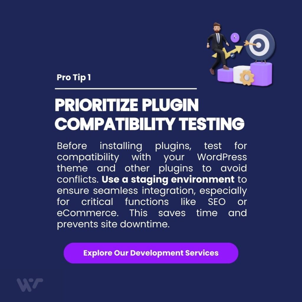 Best WordPress Plugins for Small Business: Essential Tools for Growth in 2025 1 A cartoon robot interacts with a server and gears, emphasizing prioritize plugin compatibility testing. Webtec advises using staging sites to test updates, avoiding conflicts and ensuring smooth WordPress performance.
