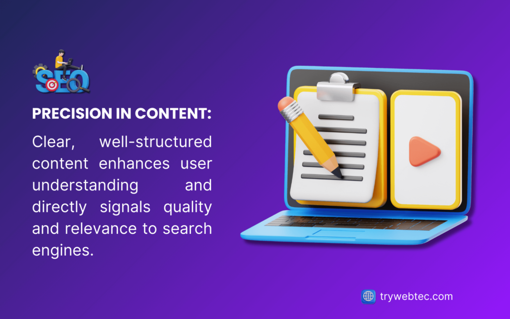 A laptop displays a notepad and pencil alongside a video player icon, illustrating the importance of precision in content creation for SEO. Clear, well-structured content benefits both user experience and search engine rankings for startups.