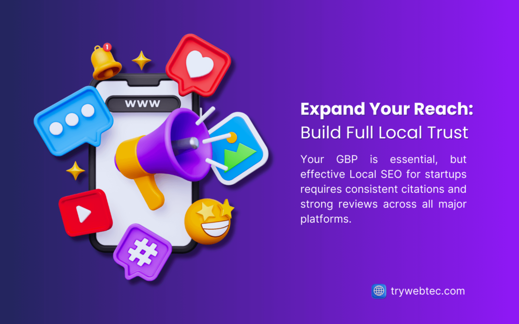 A megaphone, social media icons, and a mobile phone screen are depicted, illustrating how to expand reach and build full local trust through SEO. While a Google Business Profile (GBP) is essential, effective local SEO for startups requires consistent citations and strong reviews across all major platforms.