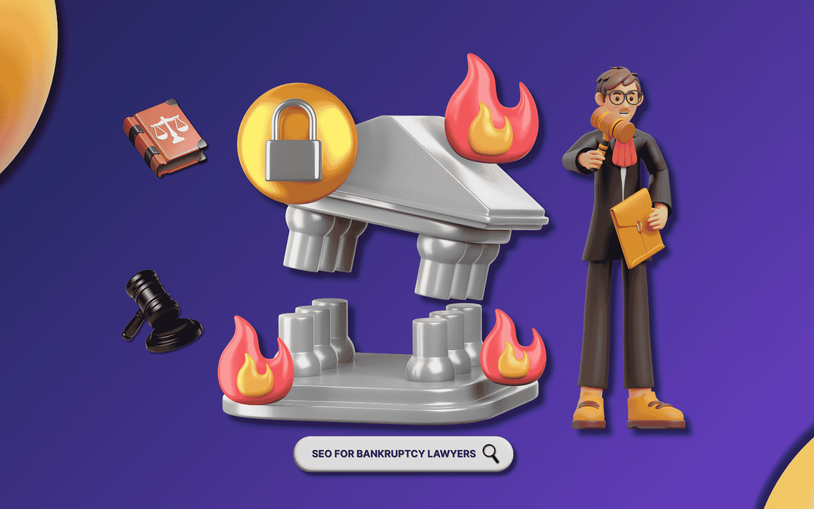 The image features cartoon elements on a purple background: a lawyer with a gavel and briefcase, a courthouse with flames, a law book, a gavel, and a padlock, symbolizing legal protection in bankruptcy. A button reads "SEO FOR BANKRUPTCY LAWYERS.
