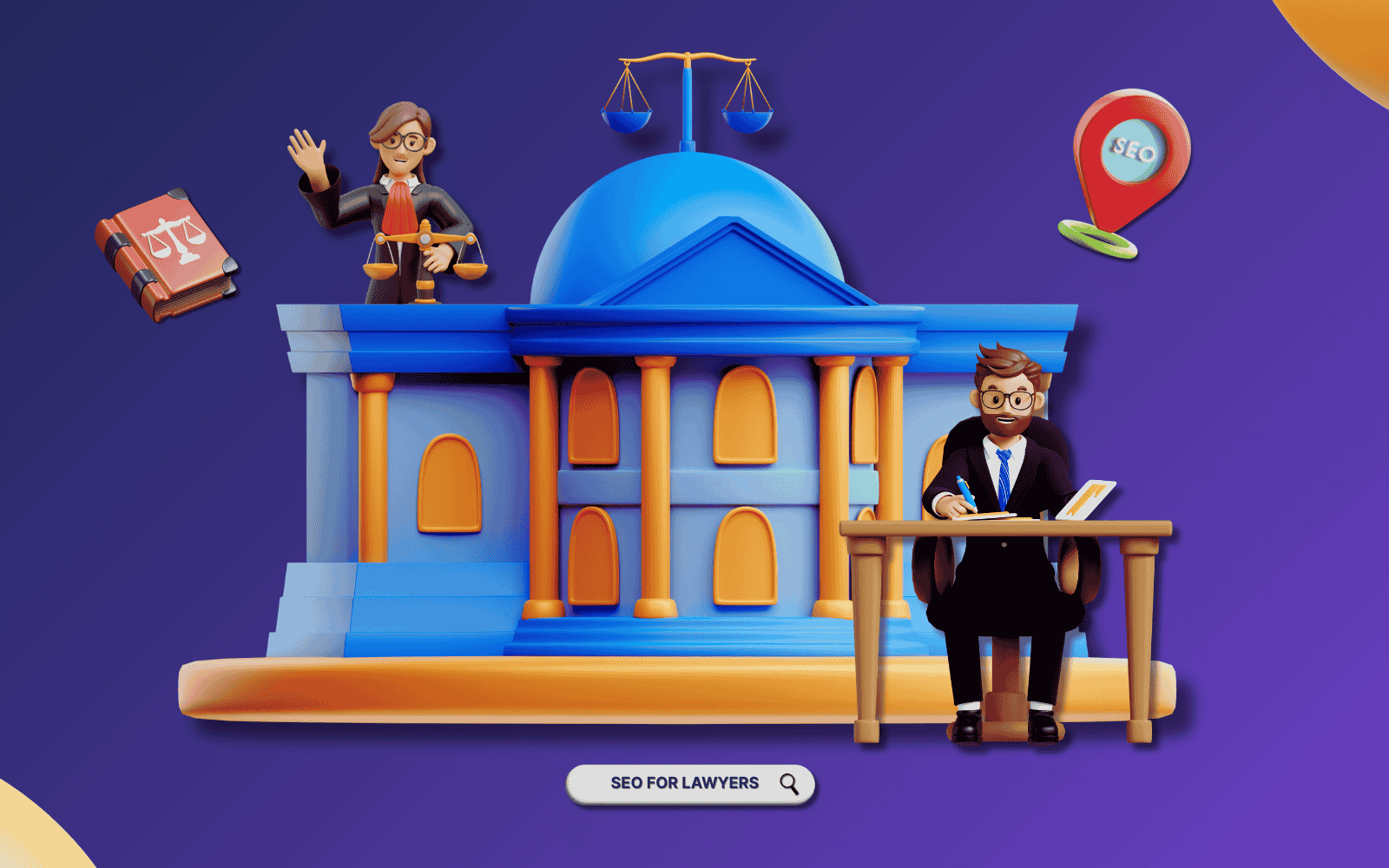 Illustration with a purple background featuring a courthouse, a lawyer holding scales of justice, another at a desk with a laptop, and a book icon. A red pin with "SEO" is shown. Text reads: "SEO FOR LAWYERS" with a search button.