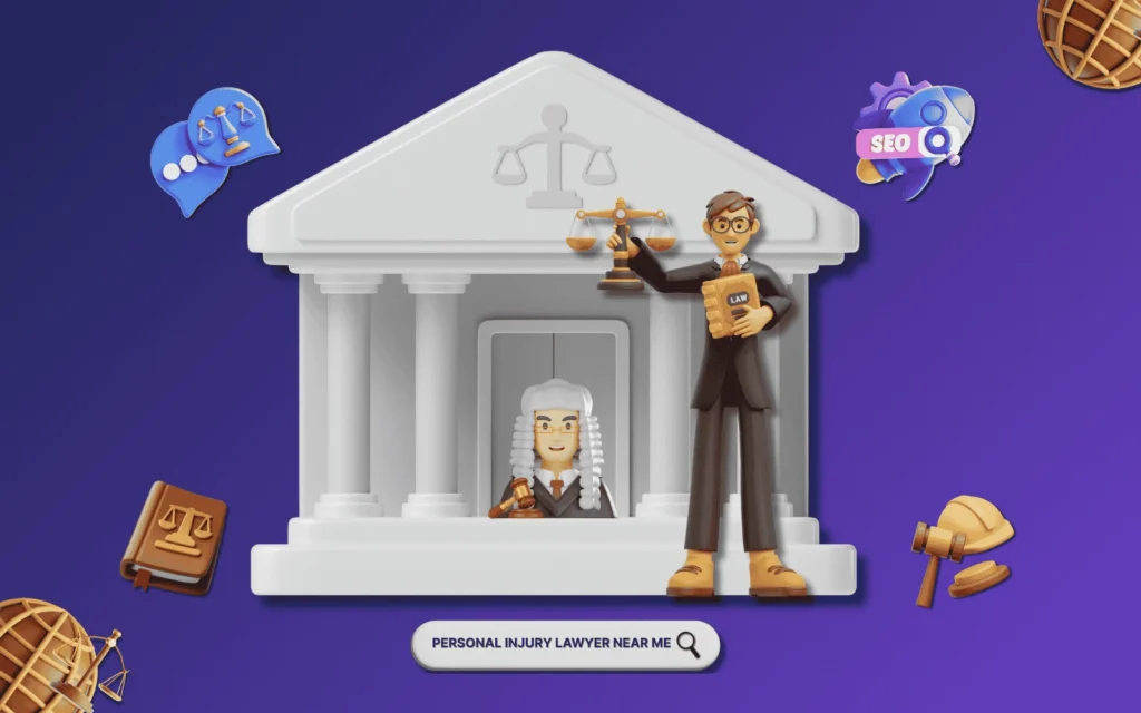 Illustration with a purple background featuring a courthouse, a lawyer holding scales of justice and a book, and a judge with a gavel. Icons include a book, scales, a gavel, a hard hat, and an "SEO" rocket.