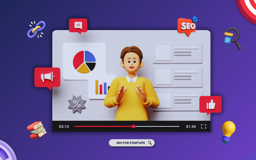 3D rendering of a video player interface with a cartoon presenter, surrounded by SEO-related icons like charts, links, a megaphone, and a magnifying glass, on a purple background, referring to SEO for startups.