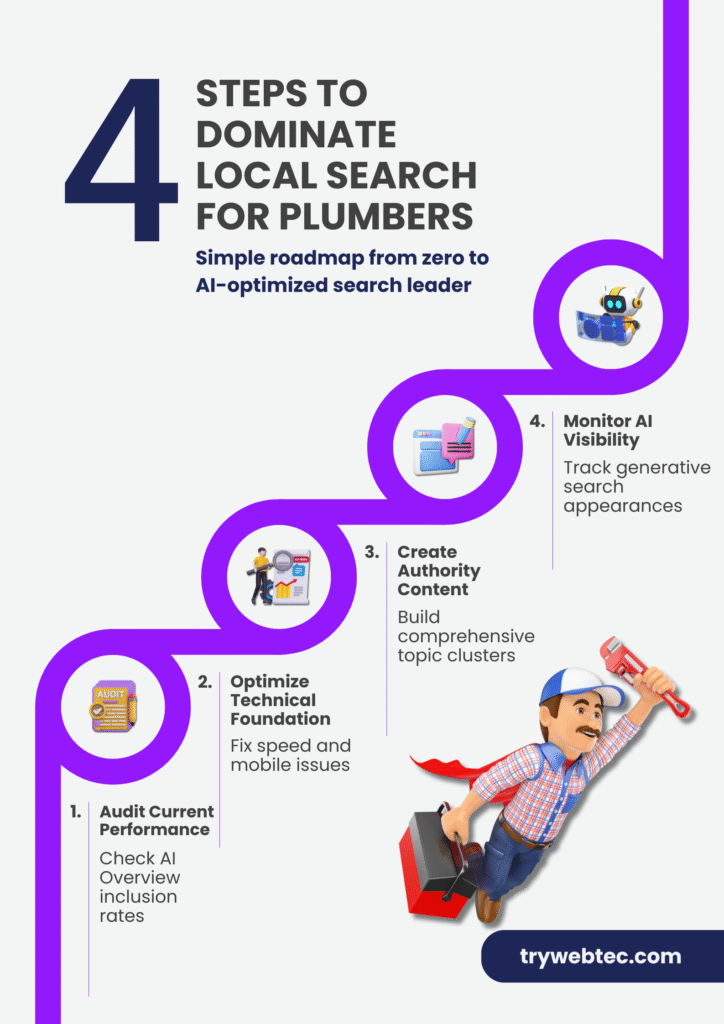 SEO for Plumbers: How Google's 2025 AI Revolution Changes Everything 6 Infographic by Webtec: 4 steps to dominate local search for plumbers. 1. Audit current performance, check AI overview inclusion. 2. Optimize technical foundation, fix speed/mobile issues. 3. Create authority content with topic clusters. 4. Monitor AI visibility, track generative search appearances. Features a superhero plumber with a toolbox.