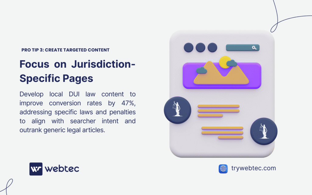 SEO for DUI Attorneys: The Definitive Guide to Dominating Legal Search in 2025 3 A 3D illustration of a stylized computer screen with a landscape and legal icons, promoting jurisdiction-specific pages. Text advises creating local DUI law content to boost conversion rates by 47% and outrank generic legal articles.