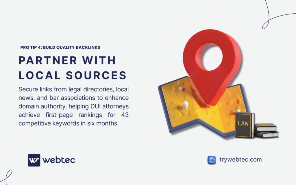 SEO for DUI Attorneys: The Definitive Guide to Dominating Legal Search in 2025 4 A 3D illustration featuring a red location pin on a map with law books, symbolizing partnering with local sources. Text advises securing links from legal directories and local news to boost domain authority and achieve first-page rankings for DUI attorneys.