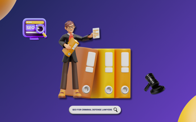 A gavel and magnifying glass over a map, emphasizing dominate local search for criminal defense. Optimizing for local SEO helps criminal defense lawyers in Alberta attract nearby clients effectively.