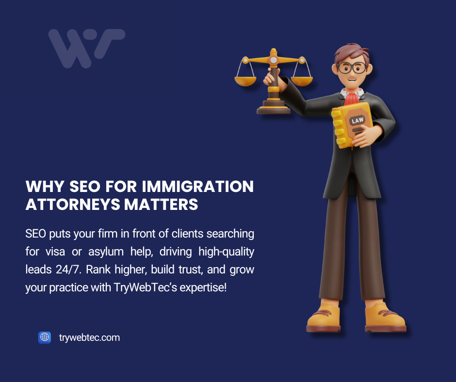 SEO for Immigration Attorneys: 7 Proven Strategies to Attract More Clients in 2025 1 The image features cartoon characters on a purple background: a judge at a bench with scales, a lawyer with documents, and a person with a laptop and megaphone, symbolizing digital marketing. Icons like a globe with scales and social media symbols surround them. A button reads "SEO FOR IMMIGRATION ATTORNEYS."
