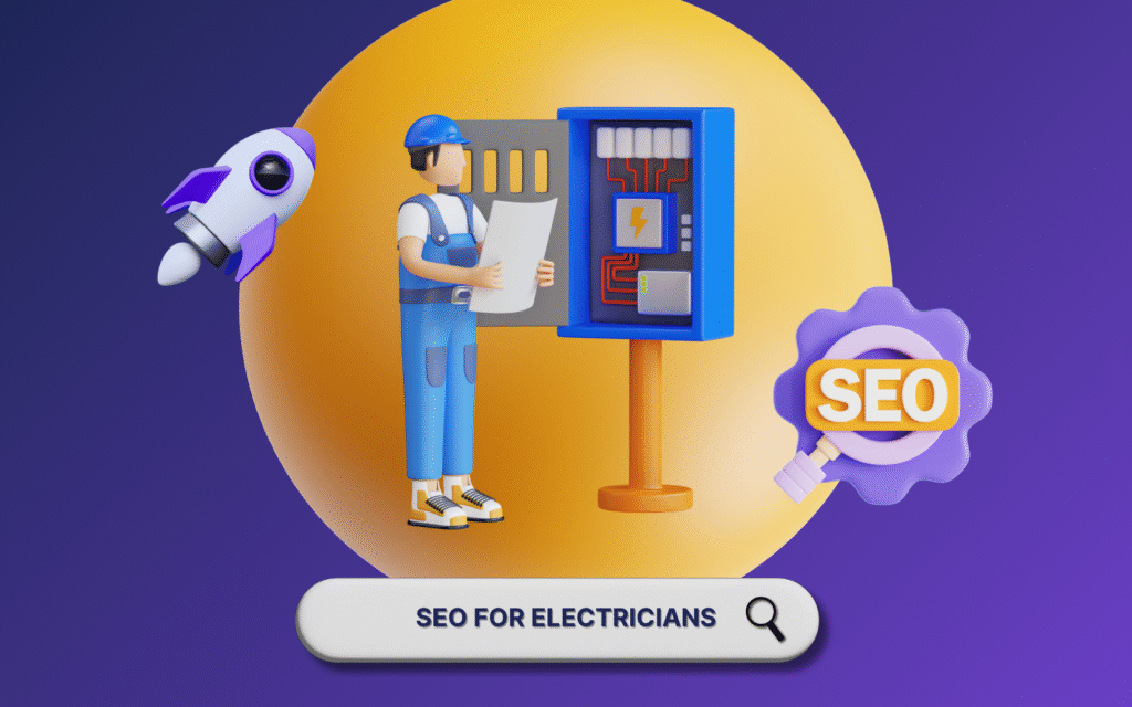 Animated electrician with clipboard inspecting an electrical panel, accompanied by a rocket and SEO gear, emphasizing SEO for electricians with a search bar focus.