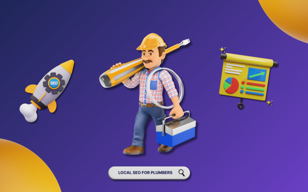 A cartoon figure at a desk with charts, showing plumbers using local SEO get 3x more emergency calls than those relying on Yellow Pages and word-of-mouth.