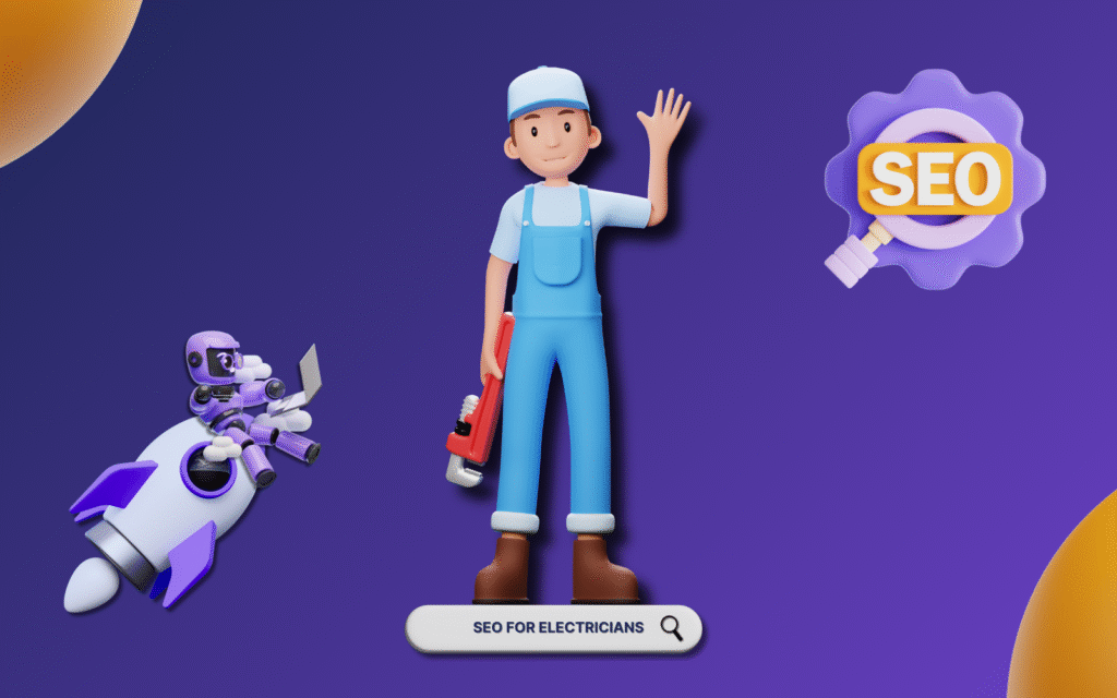 Cartoon electrician waving with a wrench, alongside a rocket and SEO icon, promoting SEO for electricians with a search bar, emphasizing improved online visibility and rankings.