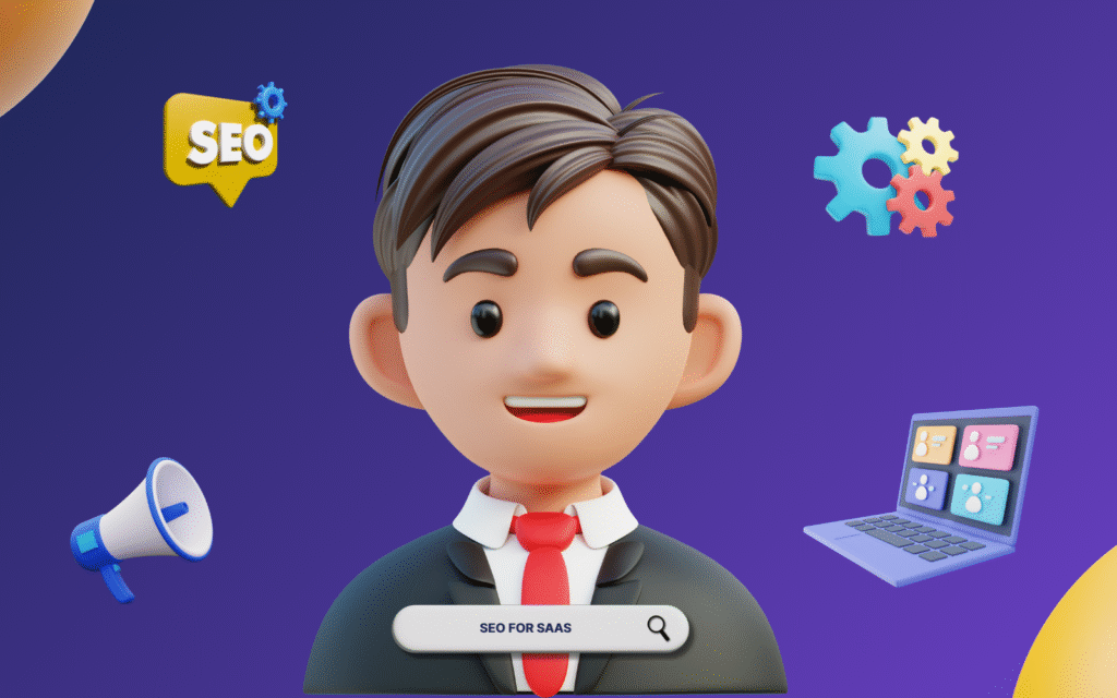 SEO for SaaS strategy guide with cartoon character and search interface showing keyword research tools