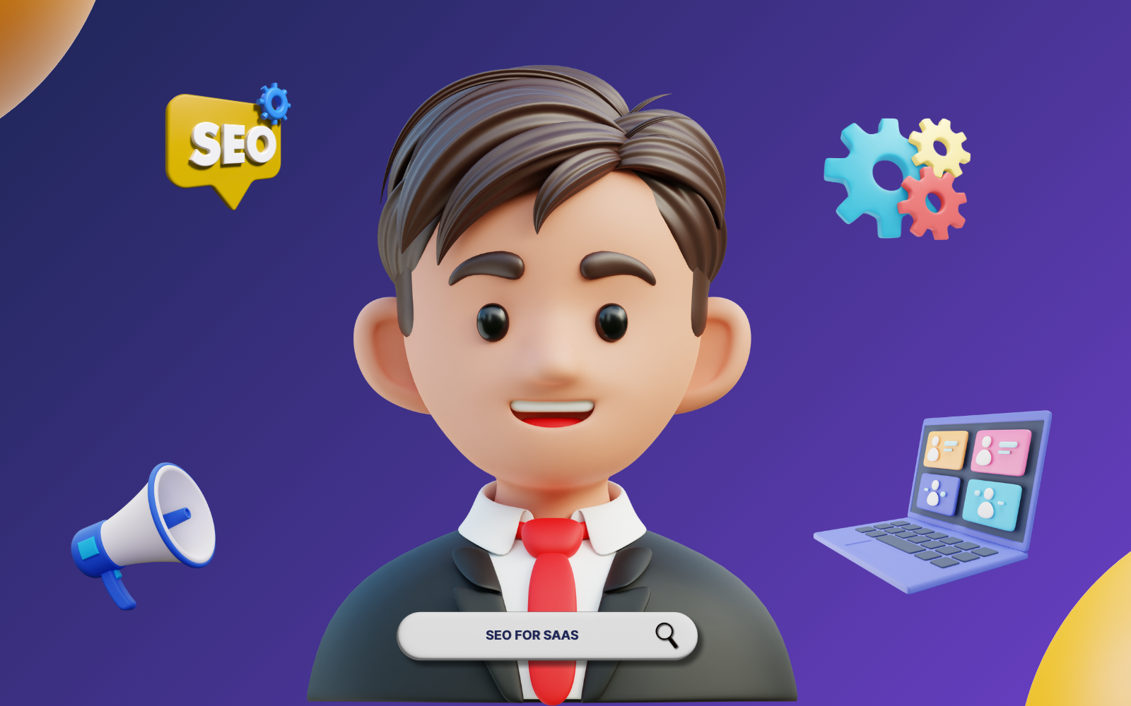 SEO for SaaS strategy guide with cartoon character and search interface showing keyword research tools