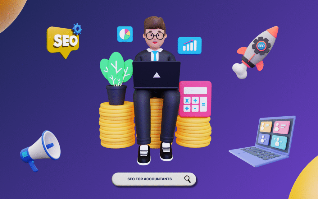 SEO for accountants showing professional accountant with digital marketing tools, analytics charts, and revenue growth symbols
