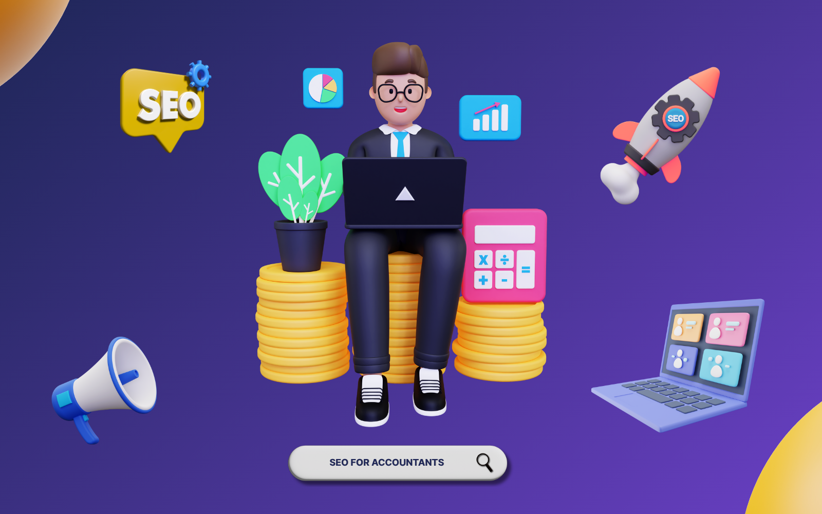 SEO for accountants showing professional accountant with digital marketing tools, analytics charts, and revenue growth symbols