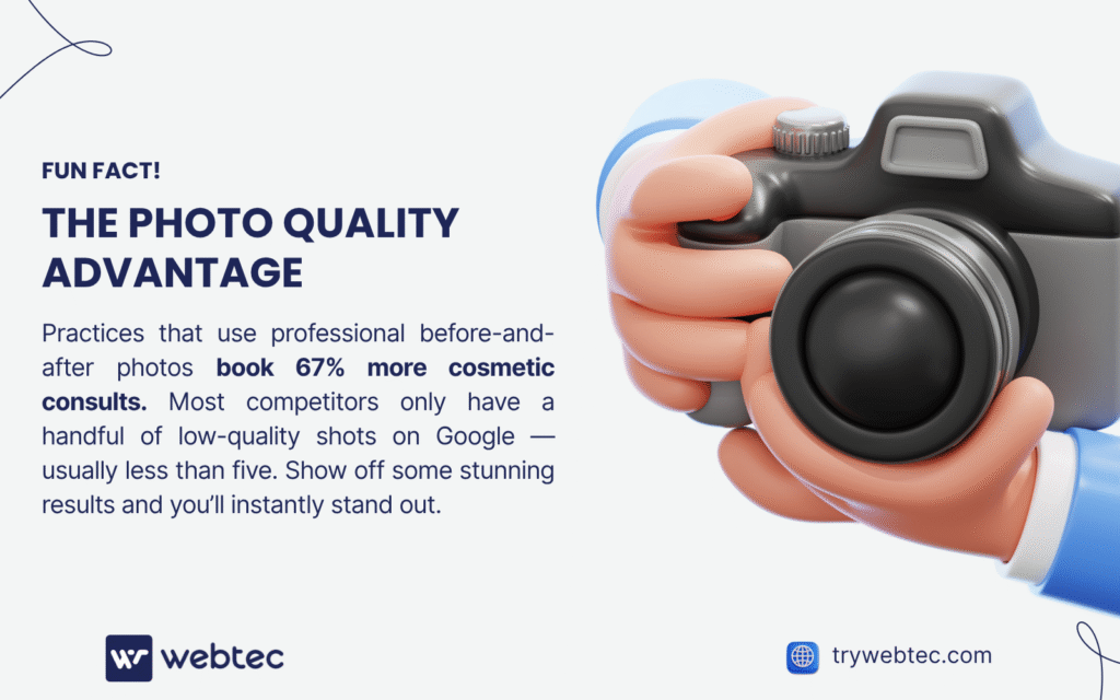 SEO for cosmetic dentists infographic about photo quality advantage with 67% more consultation bookings