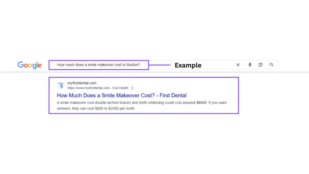 SEO for cosmetic dentists Google search results example for "how much does a smile makeover cost" query