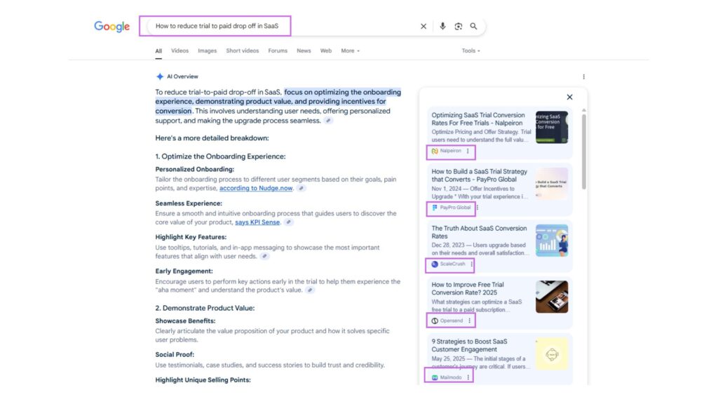 SEO for SaaS: Complete Guide to Drive Growth and Revenue 7 Google search results showing SaaS trial conversion strategies and optimization techniques for SEO