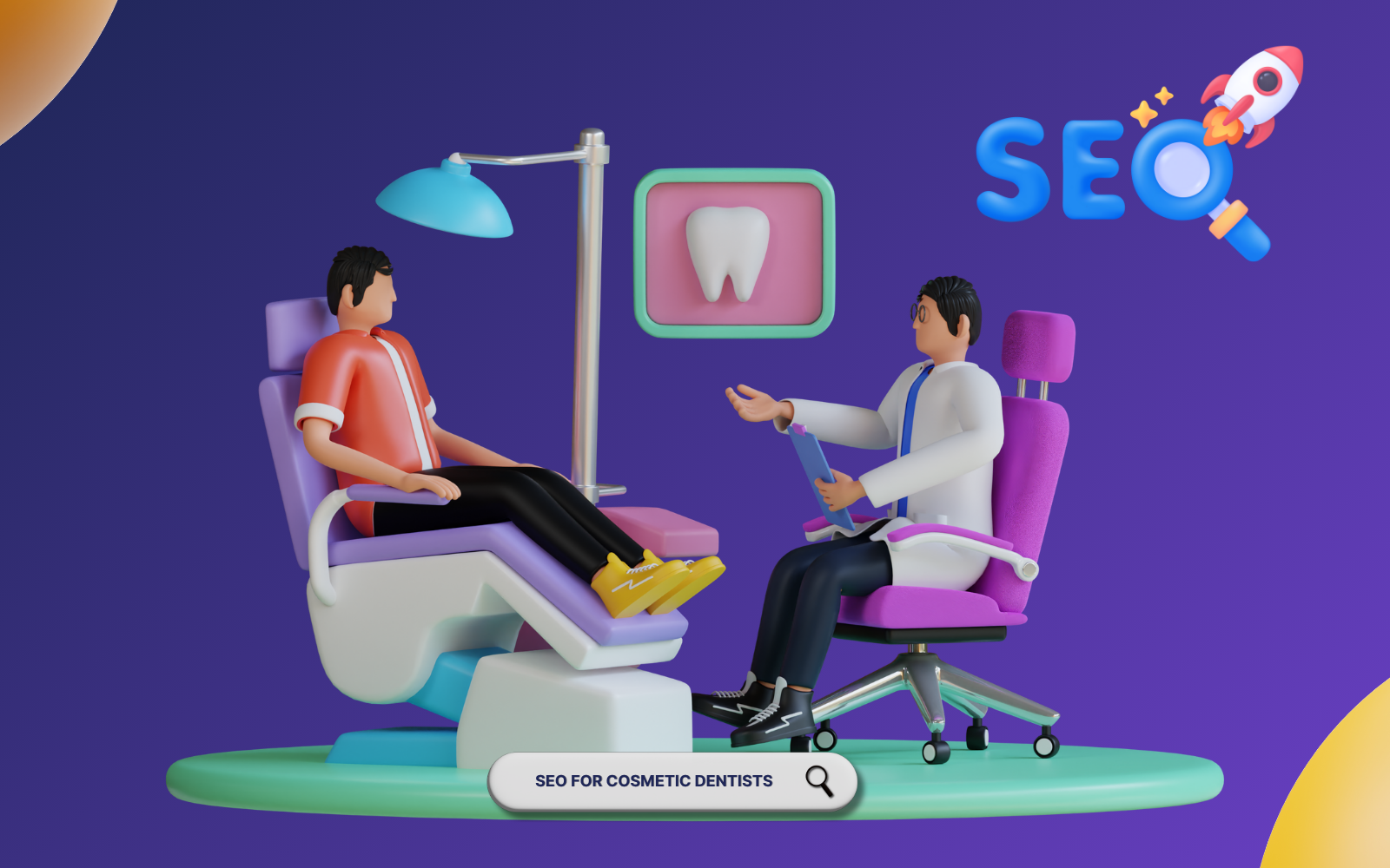 SEO for cosmetic dentists hero image showing 3D dental office scene with patient, dentist, and search optimization elements